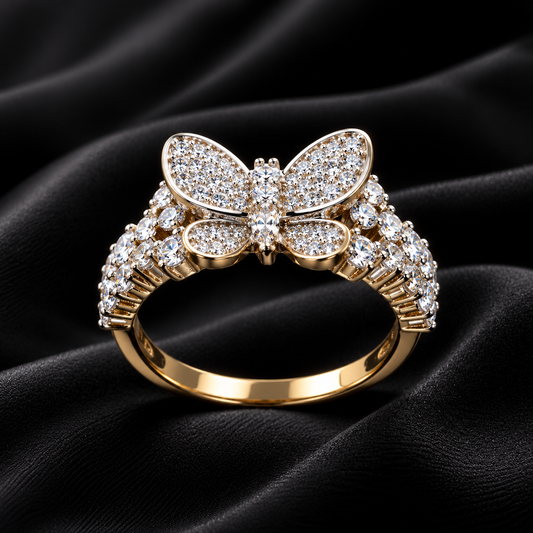 A gold butterfly ring paved with clear cubic zirconia stones, displayed on a draped black satin fabric background.