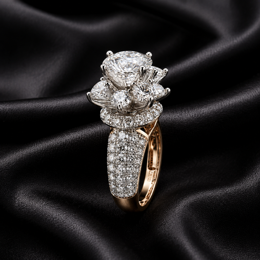 A luxury diamond ring with a large round-cut center stone, marquise-cut side stones, and a pavé-set rose gold band, displayed on a draped black satin fabric background.