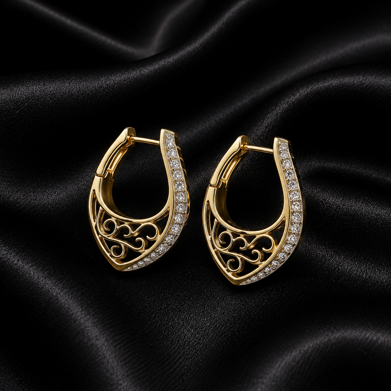 Gold Filigree Scroll Hoop Earrings