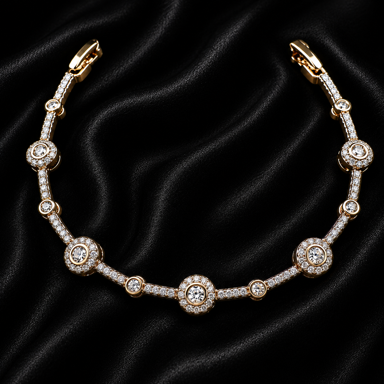 A gold-plated tennis bracelet adorned with clear round-cut gemstones, displayed on a black satin fabric background.
