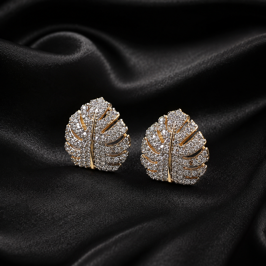 Gold Monstera Leaf Pave Stud Earrings