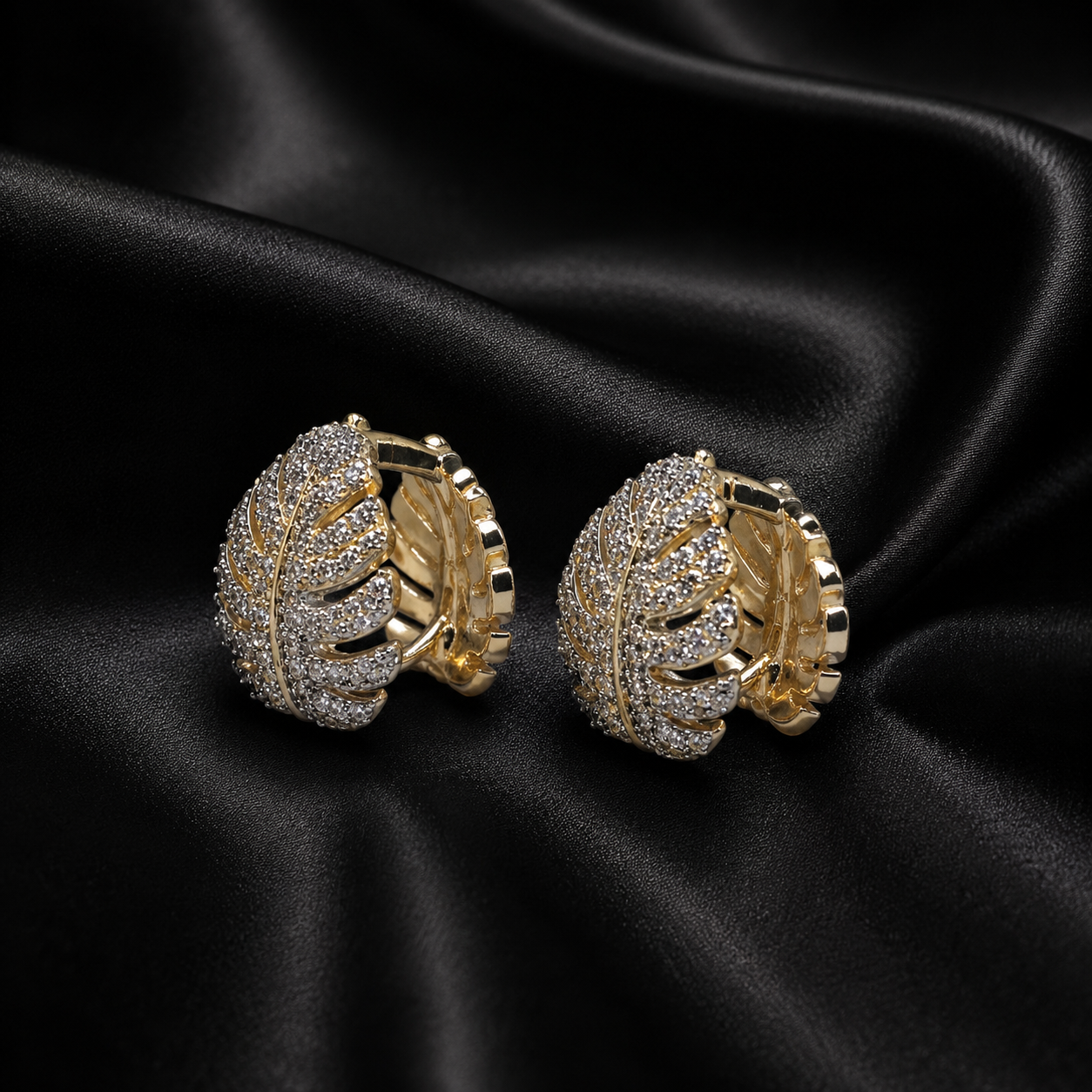 Gold Monstera Leaf Pave Stud Earrings