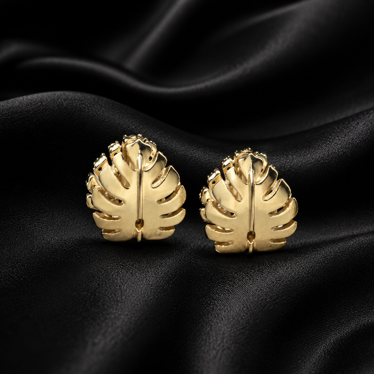 Gold Monstera Leaf Pave Stud Earrings