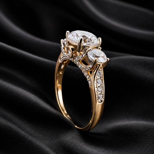 A gold ring with a large round clear center stone and two smaller oval side stones, accented with small pavé diamonds, displayed on a draped black satin fabric background.
