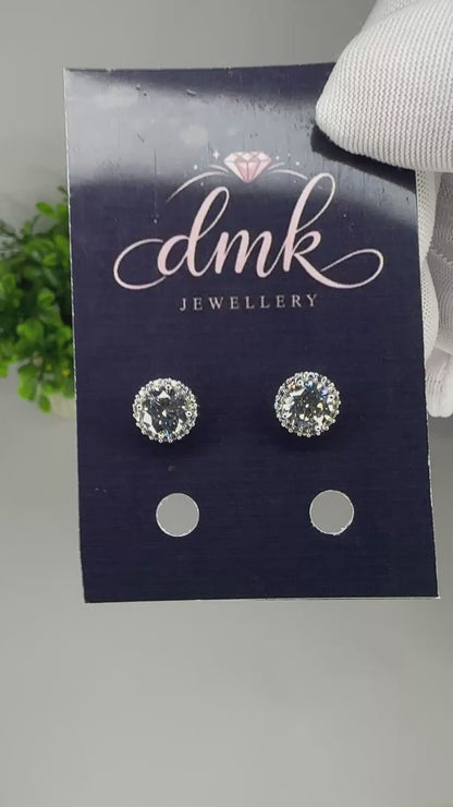 White CZ Round Halo Stud Earrings