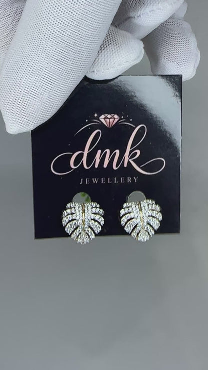 Gold Monstera Leaf Pave Stud Earrings